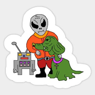 pixel art alien with robot and alien dog Sticker